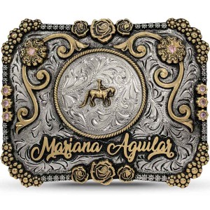 A custom women's belt buckle with a personalized cowgirl figure, featuring golden bronze roses, berries, name and scrolls